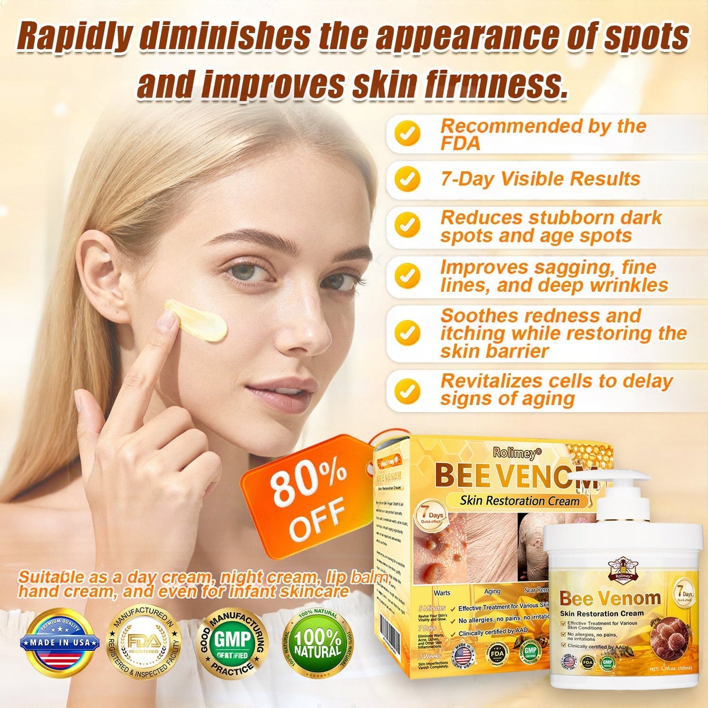 FDA Approved|Rolimey® Bee Venom Skin Restoration Cream (Anti-aging, Hydrating, Skin Repair, Even Tone, Acne and Dark Spot Treatment, Wart and Mole Removal, Psoriasis Relief)