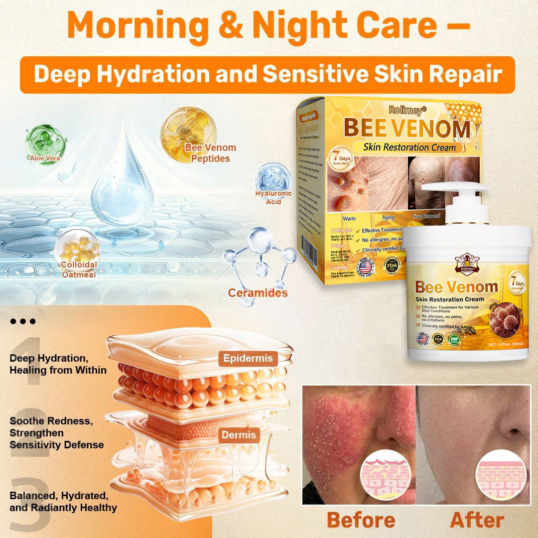 FDA Approved|Rolimey® Bee Venom Skin Restoration Cream (Anti-aging, Hydrating, Skin Repair, Even Tone, Acne and Dark Spot Treatment, Wart and Mole Removal, Psoriasis Relief)